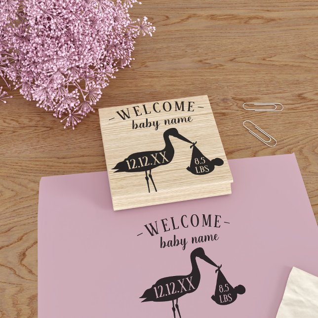 Carimbo De Borracha Bem-vindo Baby Modern Storn Birds Stats Rubber Sta (Welcome the baby with this cute stork rubber stamp. Just add your stats!)