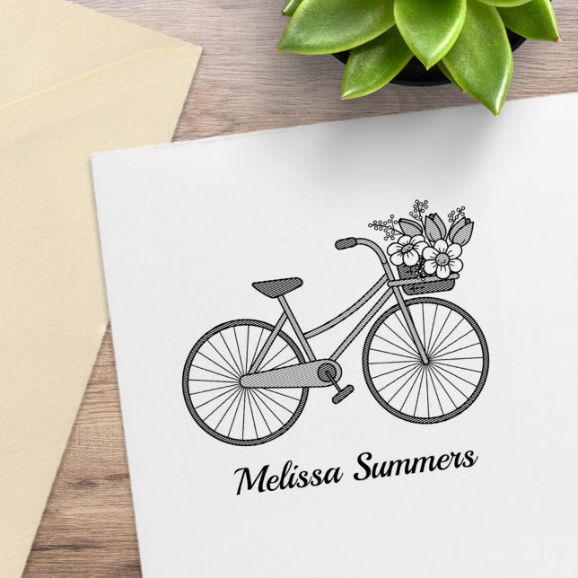 Carimbo De Borracha Bicicleta com Cesto de Flores Nome Personalizado (Criador carregado)