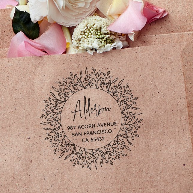 Carimbo De Borracha Boho Rustic Laurel Foliage Circular Endereço de Re (Stamp Mockup)