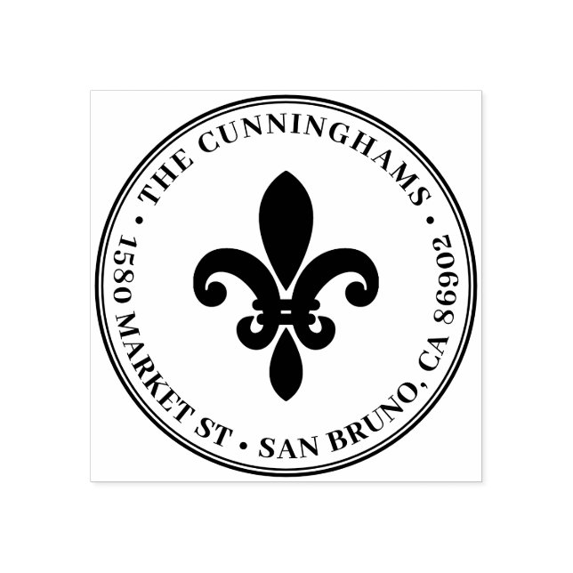 Carimbo De Borracha Bold Fleur De Lis Round Nome Da Família Endereço D (Impressão)