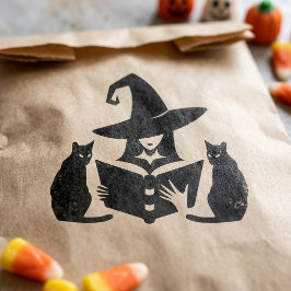 Carimbo De Borracha Bruxa Assustadora Lendo Livro Gato Preto Halloween