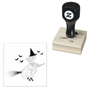 Carimbo De Borracha Bruxa Simples Menina Com Morcegos Num Halloween De