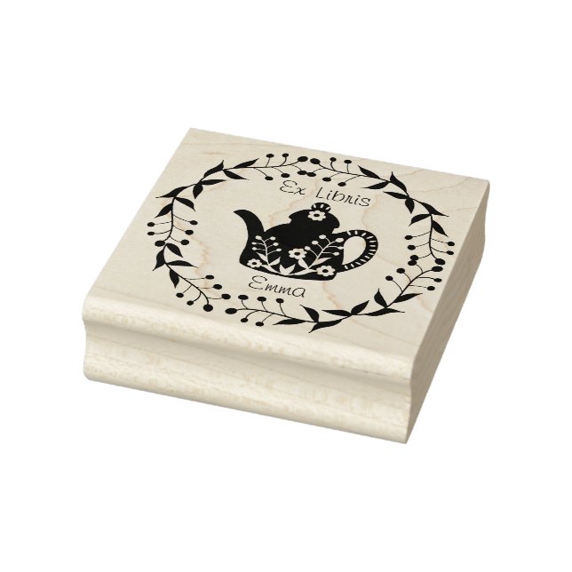 Carimbo De Borracha Bule de chá floral Ex Libris personalizado (Carimbo)