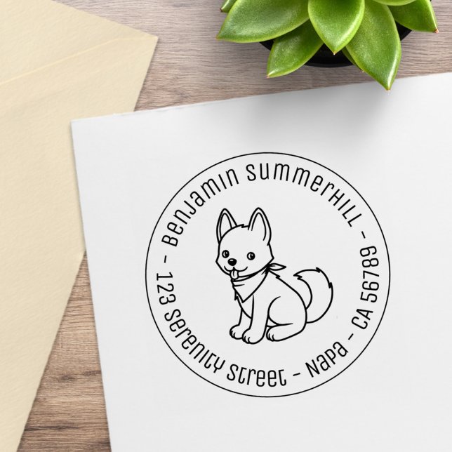 Carimbo De Borracha Cachorro Husky Branco Endereço Redondo (Criador carregado)
