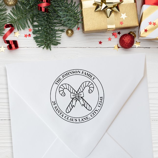 Carimbo De Borracha Candy Cane Família Arco Emblem + Endereço (Candy Cane and Bow Family Emblem + Address Rubber Stamp)