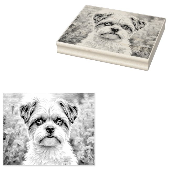 Carimbo De Borracha Cãozinho bonito nas flores (Carimbado)