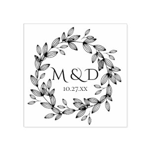 Carimbo De Borracha Casamento de Leafy Wreath Monogramas