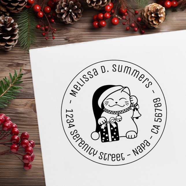 Carimbo De Borracha Cat in Christmas Hat Round Address (Criador carregado)