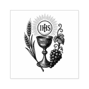 Carimbo De Borracha Católica Eucarista Chalice Wheat e Uvas