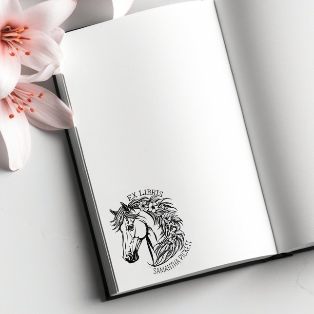 Carimbo De Borracha Cavalo Elegante com Flores, Ex Libris de Livro   (Criador carregado)