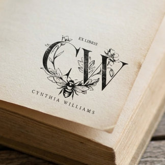 Carimbo De Borracha Chic Elegante Ex Libris Botânico Abelha