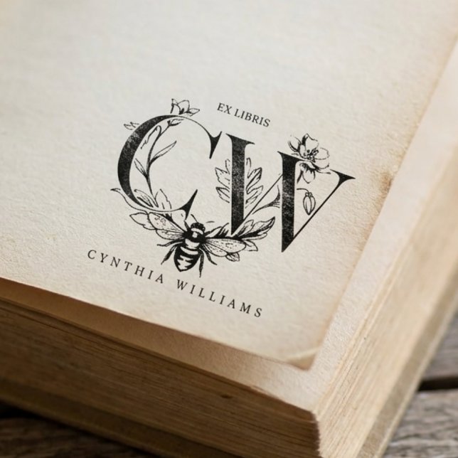 Carimbo De Borracha Chic Elegante Ex Libris Botânico Abelha (Criador carregado)