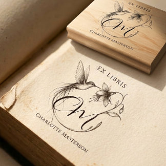 Carimbo De Borracha Chic Elegante Ex Libris Botânico Beija-flor Nome 