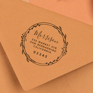Carimbo De Borracha Chic Wreath Script Name Return Address (Endereço d
