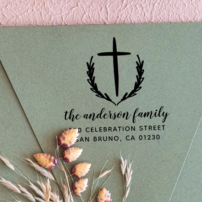 Carimbo De Borracha Christian Wedding Cross Botanical Return Endereço (Rubber Stamp Mock-up)