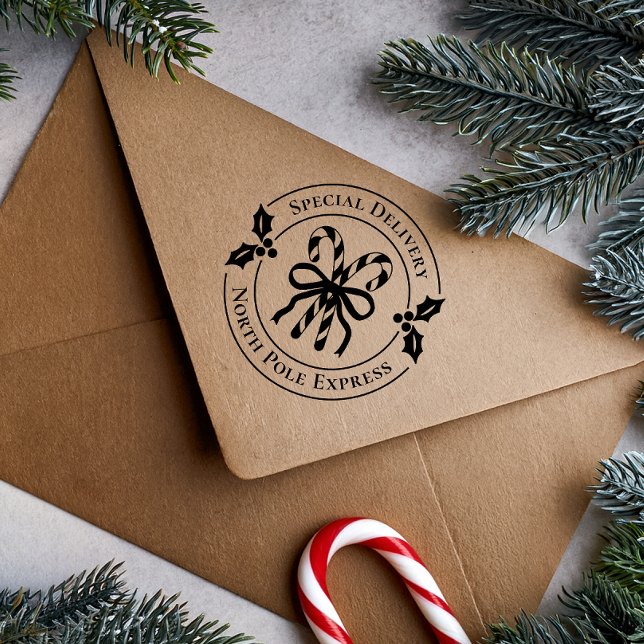 Carimbo De Borracha Christmas Candy Cane Wood Art Stamp (Stamp on brown kraft envelope)