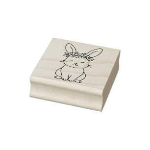 Carimbo De Borracha Coelho Caprichoso com Coroa Floral em Arte Linear