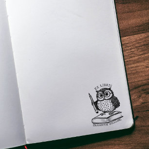 Carimbo De Borracha Coruja Ex Libris Moderna com Livro, Biblioteca Per