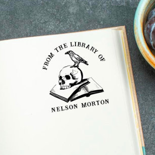 Carimbo De Borracha Corvo Crânio Gótico Da Biblioteca De