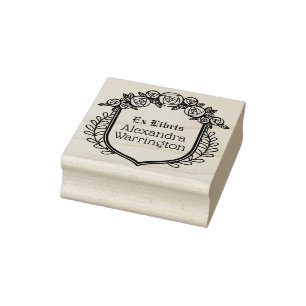 Carimbo De Borracha Crista de Rosas e Folhas Ex Libris Nome do Livro B