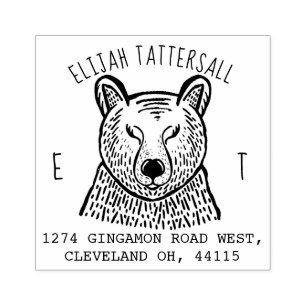 Carimbo De Borracha Cubo Urso Menor Monograma e Nome Endereço de Retor