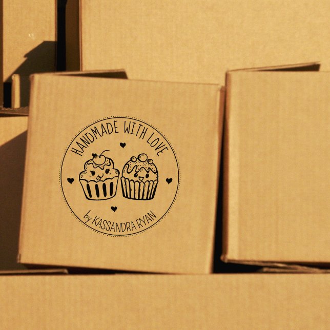 Carimbo De Borracha Cupcakes Engraçados, Feitos À Mão Com Amor, (Criador carregado)