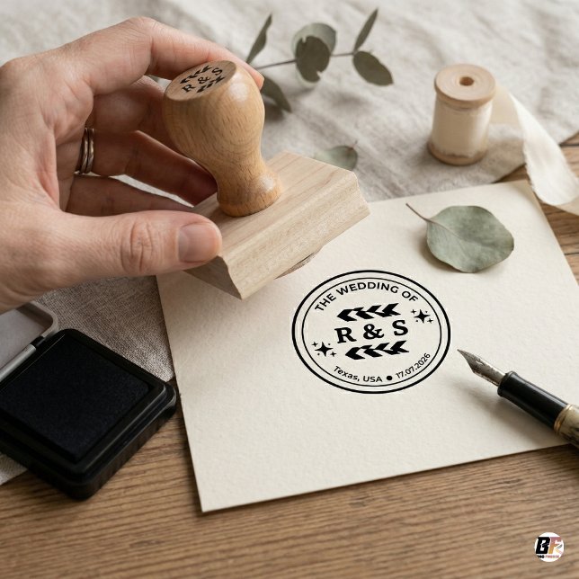 Carimbo De Borracha Customised Minimalist Boho Initials & Date Wedding (Criador carregado)