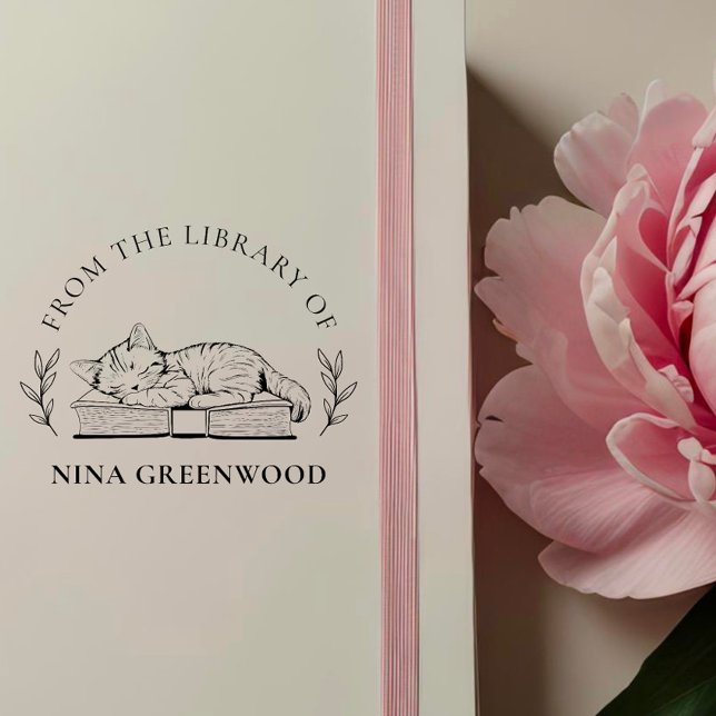 Carimbo De Borracha Da Biblioteca de | Cat on Book & Elegant Leaves (Criador carregado)