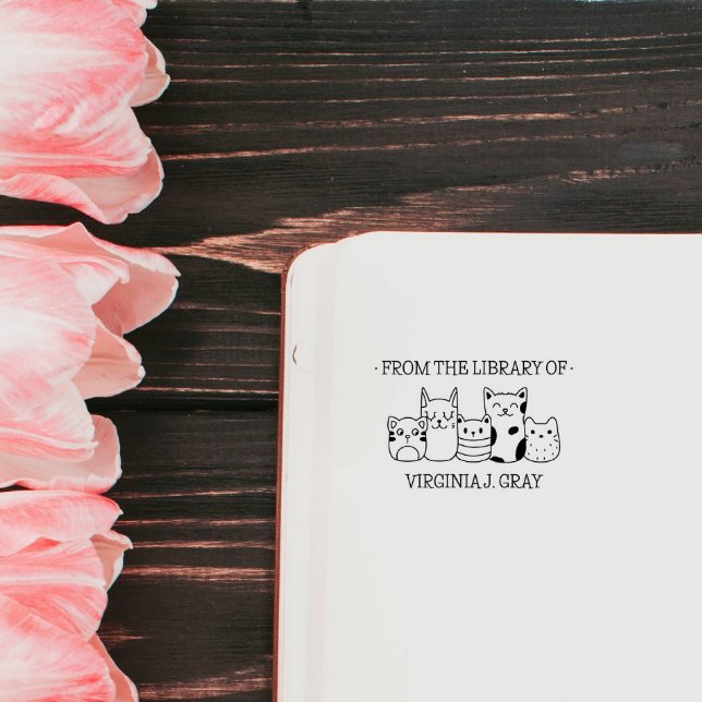 CARIMBO DE BORRACHA DA BIBLIOTECA DO SEU NOME DESENHO GATOS FOFOS (Cute cats puppy kitten from the library of EX LIBRIS)
