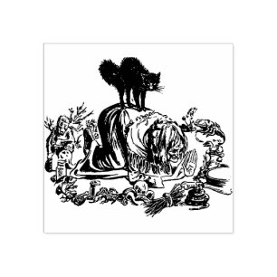Carimbo de borracha de bruxa e gato preto