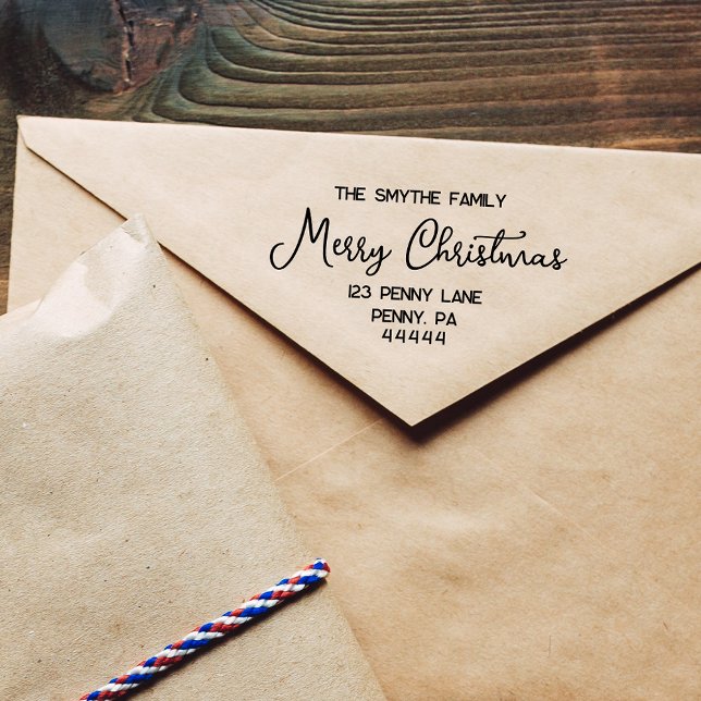 Carimbo de Borracha de Script Manuscrito de Feliz  (Script Merry Christmas Family Name Rubber Stamp
)