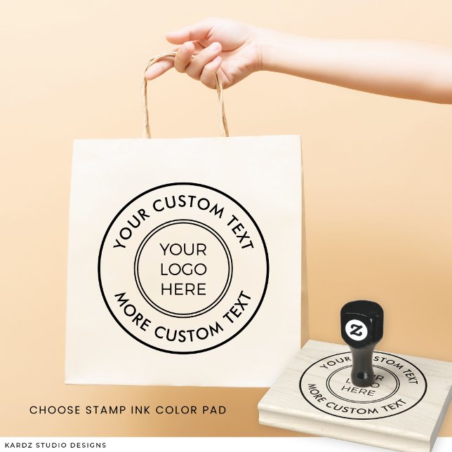 Carimbo de Borracha de Texto Personalizado com Log (The stamp shown is 4x5 inches. Choose a size and an optional color ink pad.)