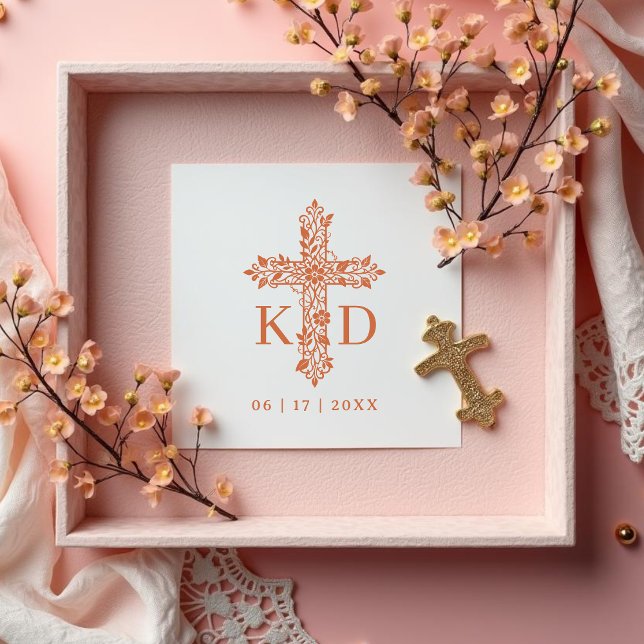 Carimbo De Borracha Delicate Flourish Christian Cross Wedding Initials (Delicate Flourish Christian Cross for Wedding with Initials Rubber Stamps.)