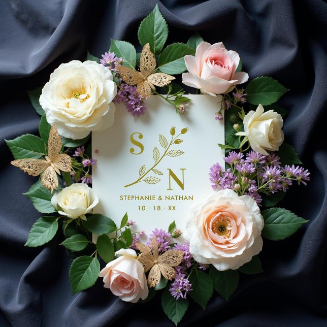 Carimbo De Borracha Delicate Initials Wildflowers Branches Wedding  (Delicate Classic Initials Wildflowers Branches Wedding for Rubber Stamps. )