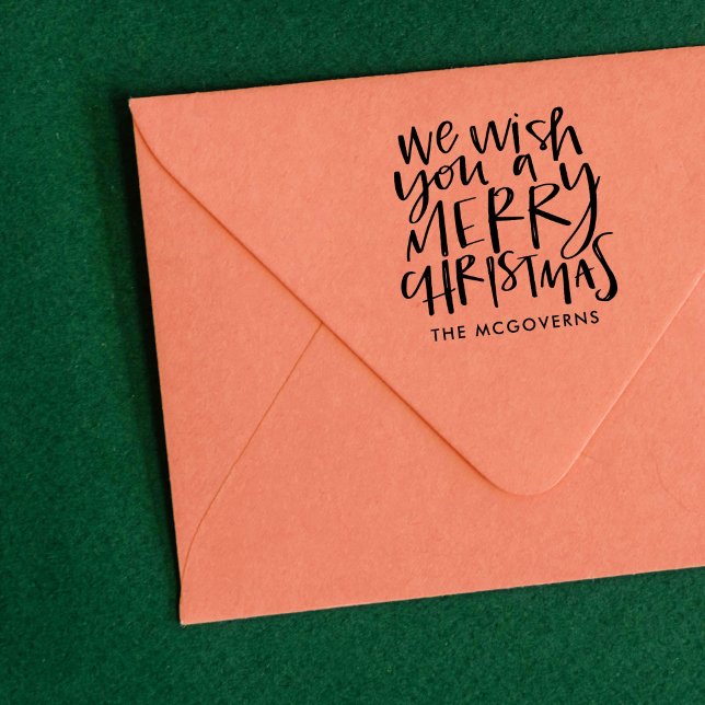 Carimbo De Borracha Deseje a você um nome personalizado feliz de Natal (Wish You a Merry Christmas custom holiday rubber stamp.)