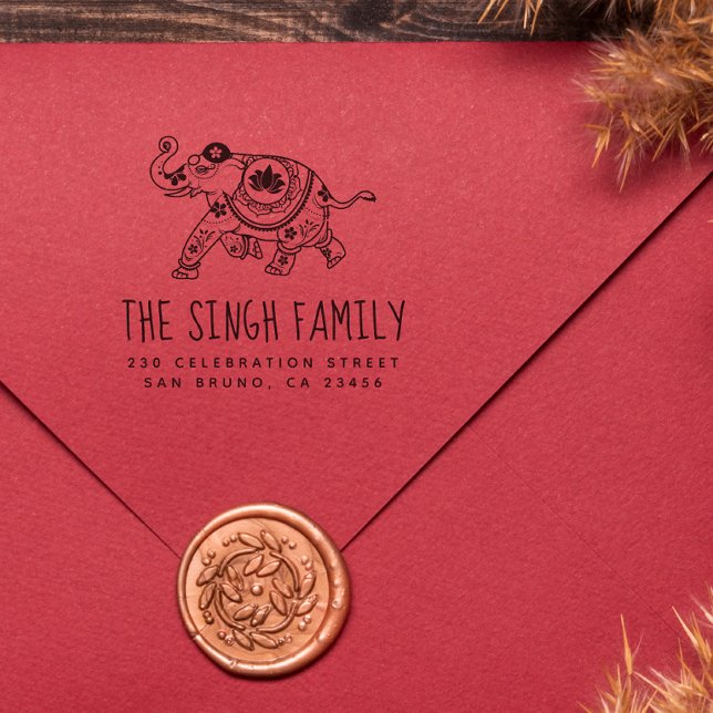 Carimbo De Borracha Elefante indiano | Nome personalizado e endereço d (Rubber Stamp Mock-up)