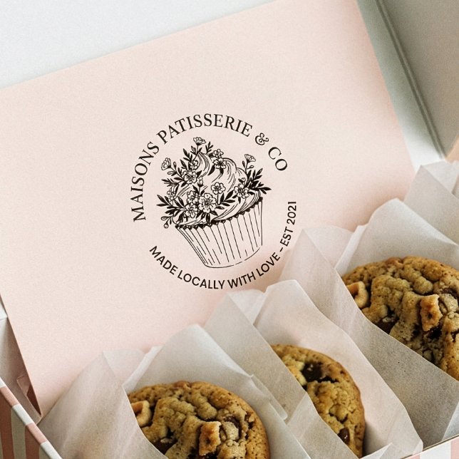 Carimbo De Borracha Elegant Hand Drawn Floral Cupcake Bakery Business  (Elegant Hand Drawn Floral Cupcake Bakery Business Rubber Stamp)