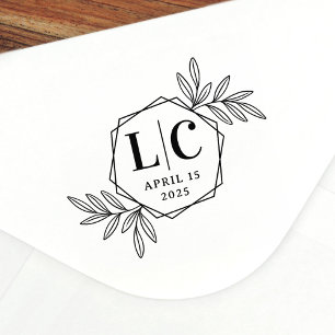 Carimbo De Borracha Elegant monogram hexagon border greenery leaves