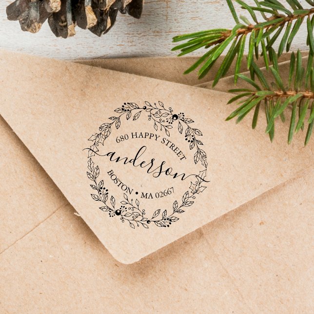 Carimbo De Borracha Elegante Coroa de Inverno com Endereço (Elegant Winter Wreath Address Rubber Stamp)