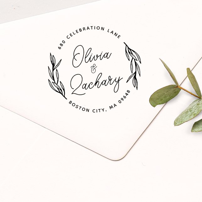 Carimbo De Borracha Endereço Circular de Casamento em Script Moderno (Modern Script Circular Wedding Address Rubber Stamp)