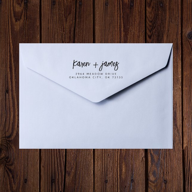 Carimbo De Borracha Endereço de Casamento de Casal Moderno e Elegante  (Trendy couple script wedding rubber stamp adds stylish charm to wedding stationery.)