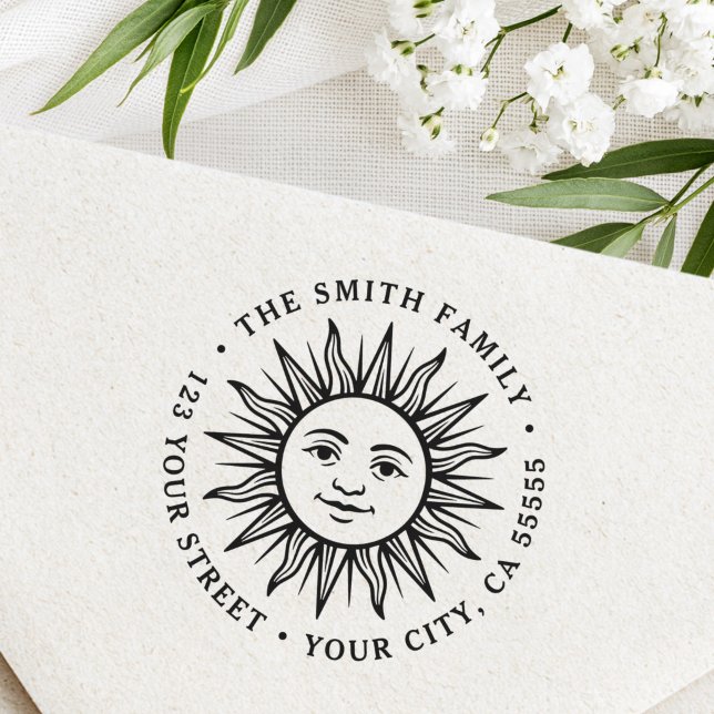 Carimbo De Borracha Endereço de devolução de caractere de sol Boho (Boho sun character return address rubber stamp)