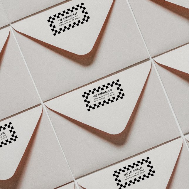 Carimbo De Borracha Endereço de devolução do quadro de verificação (modern checkerboard framed address stamp for a gen x or 90s kid with skater style)