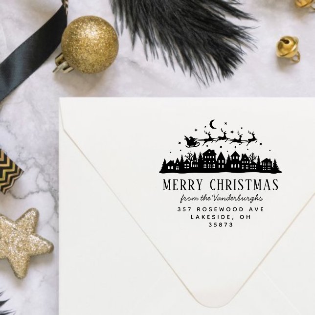 Carimbo De Borracha Endereço de devolução personalizada para a Revista (Santa Claus Sleigh Reindeer Custom Return Address Rubber Stamp)