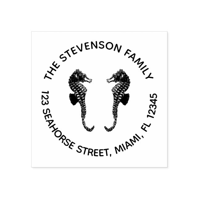 Carimbo De Borracha Endereço de retorno circular para cavalos marinhos (Impressão)