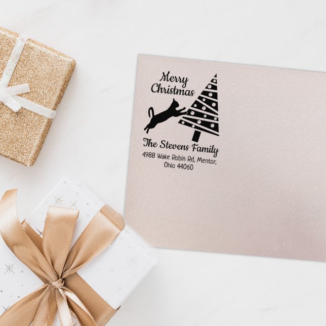 Carimbo De Borracha Engraçado Cat Felry Natal Endereço de devolução (Criador carregado)