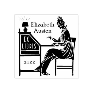 Carimbo De Borracha Ex Libris Bookplate Deco Lady Escrevendo Mesa Pers