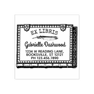 Carimbo De Borracha Ex Libris Bookplate Vintage Book e Feather Name