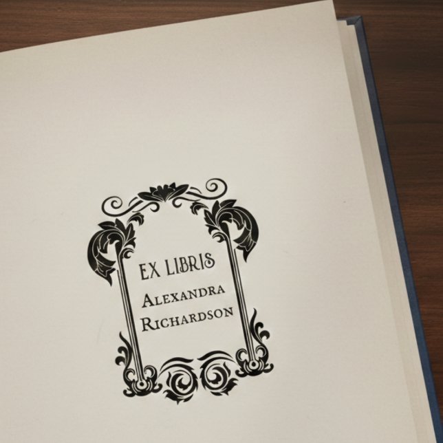 Carimbo De Borracha Ex Libris Elegante (elegant floral ex libris bookplate rubber stamp with custom name)
