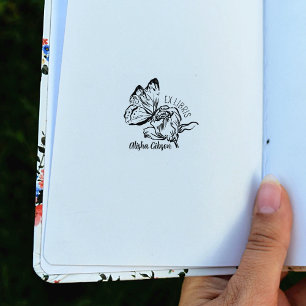 Carimbo De Borracha Ex Libris Flor Borboleta Moderna, Livro